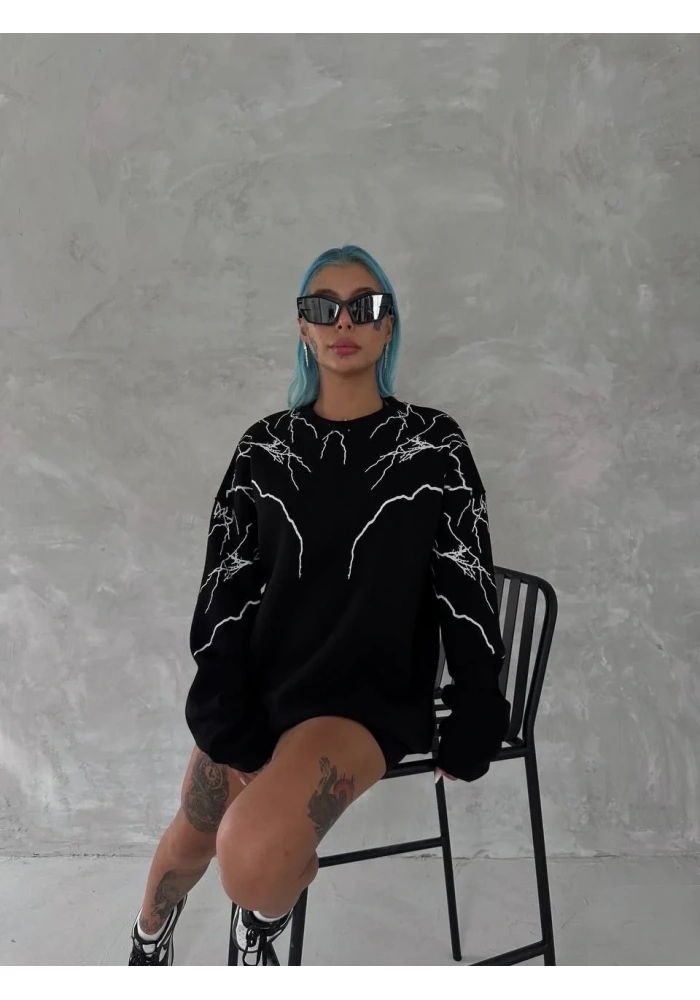 Kadın Yıldırım Baskılı Bisiklet Yaka SweatShirt - Siyah
