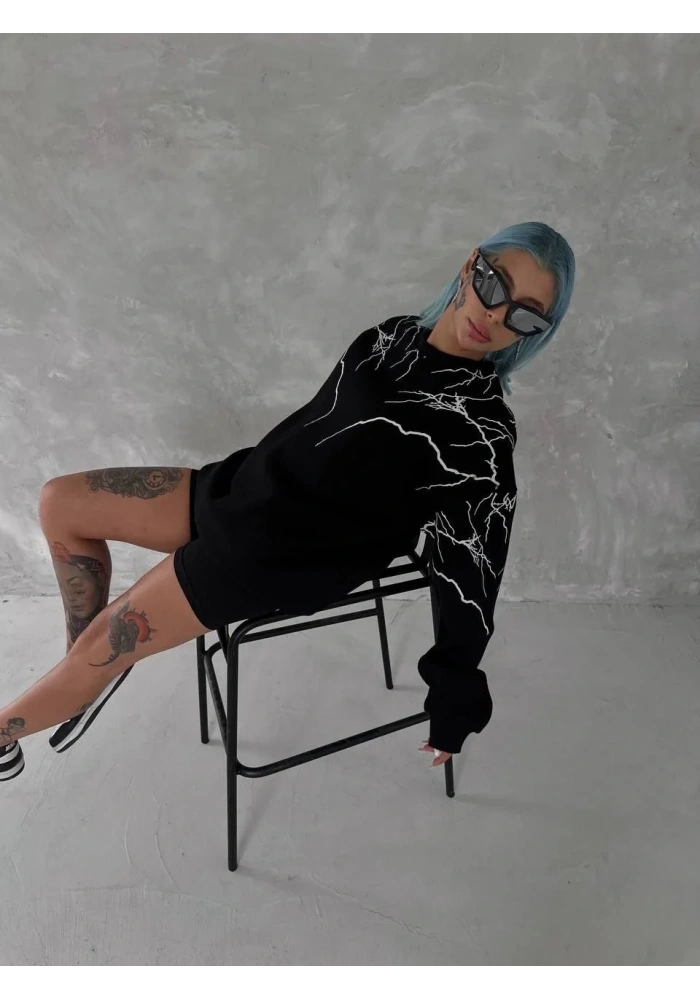 Kadın Yıldırım Baskılı Bisiklet Yaka SweatShirt - Siyah