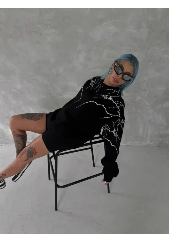 Yıldırım Baskılı Bisiklet Yaka SweatShirt - Siyah