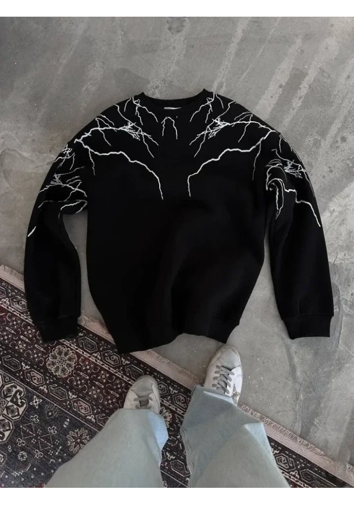 Yıldırım Baskılı Bisiklet Yaka SweatShirt - Siyah