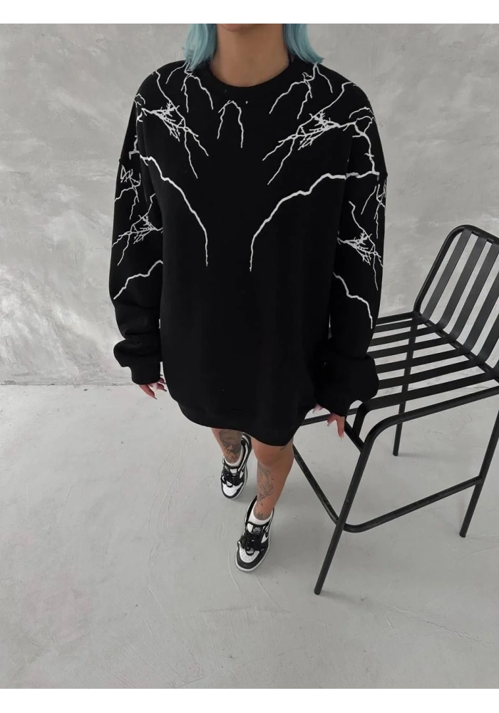 Kadın Yıldırım Baskılı Bisiklet Yaka SweatShirt - Siyah