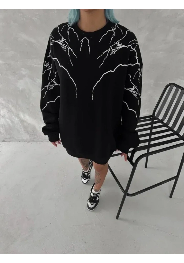 Yıldırım Baskılı Bisiklet Yaka SweatShirt - Siyah