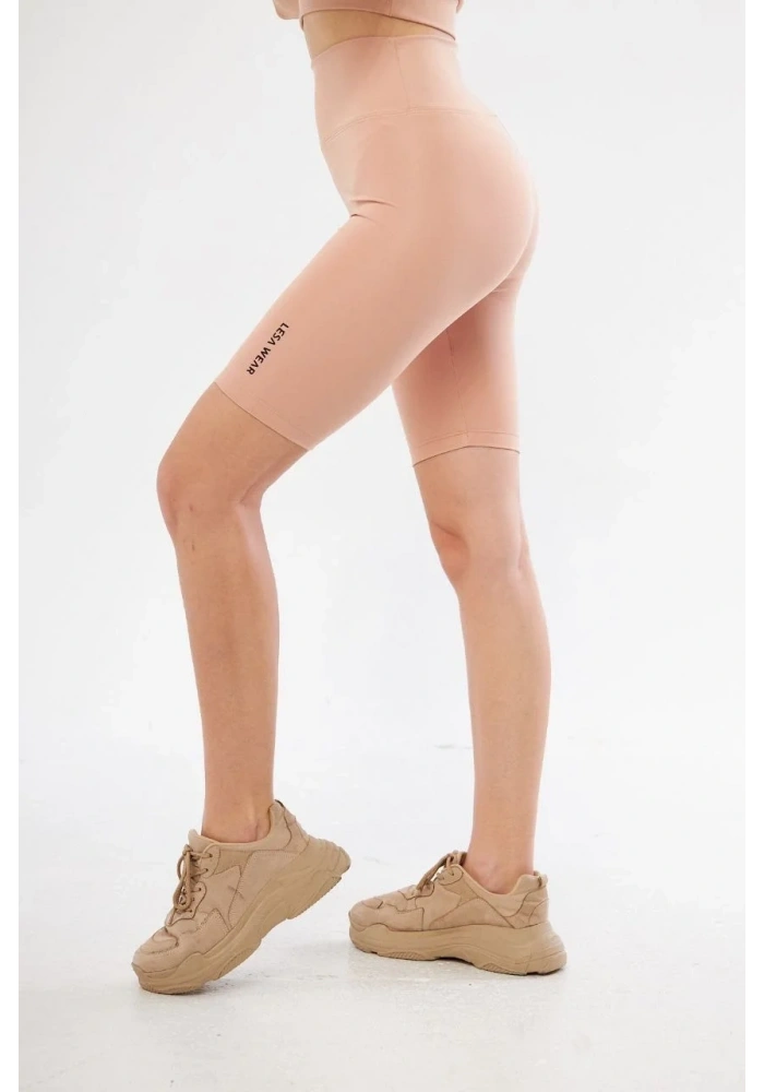 Yüksek Bel Biker Sporcu Şort - Bej