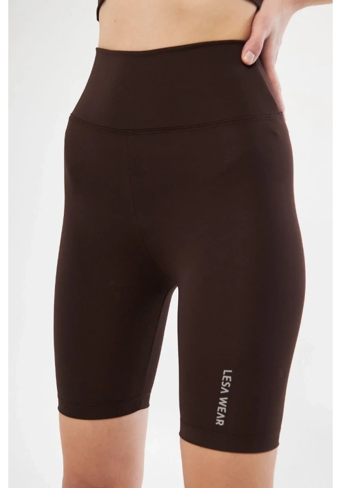 Yüksek Bel Biker Sporcu Şort - Kahve
