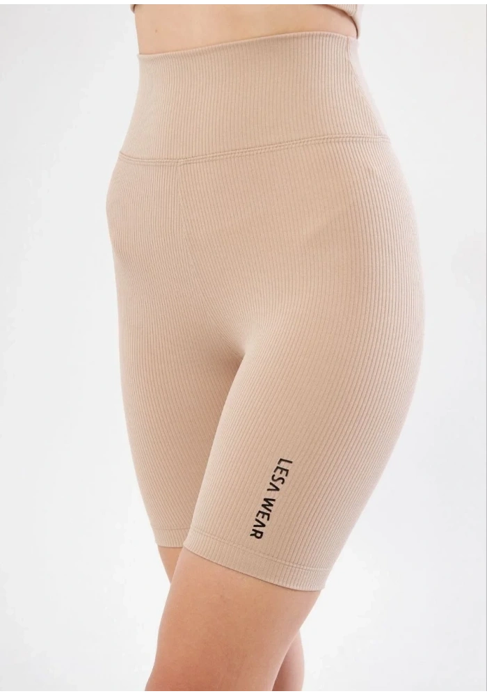 Yüksek Bel Fitilli Biker Baskılı Şort - Bej