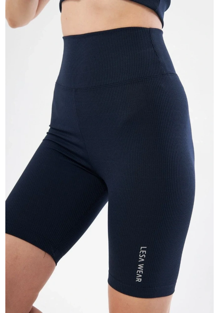 Yüksek Bel Fitilli Biker Baskılı Şort - Lacivert