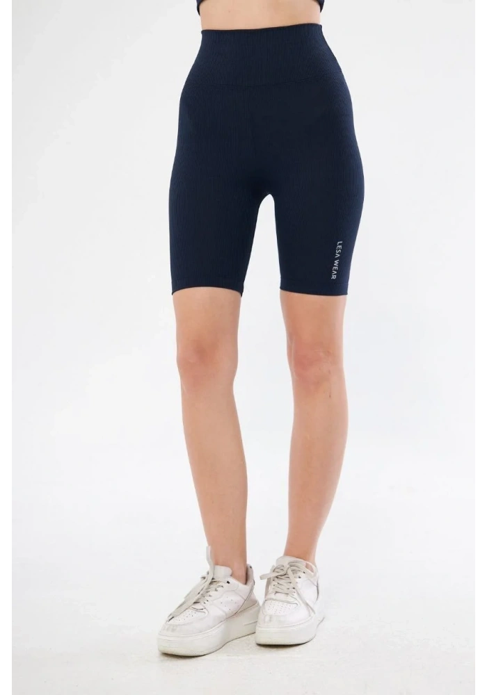 Yüksek Bel Fitilli Biker Baskılı Şort - Lacivert