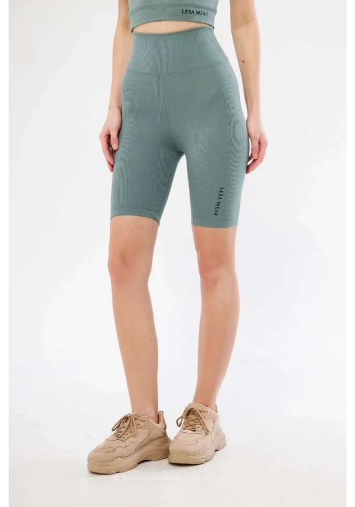 Yüksek Bel Fitilli Biker Baskılı Şort - Mint Yeşili