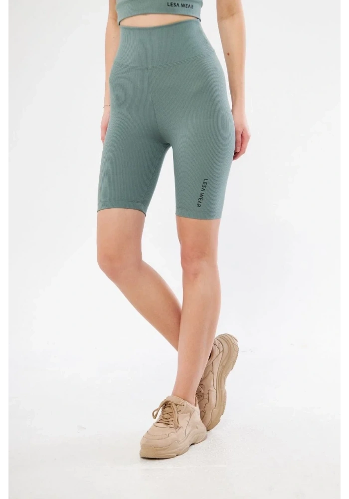 Yüksek Bel Fitilli Biker Baskılı Şort - Mint Yeşili