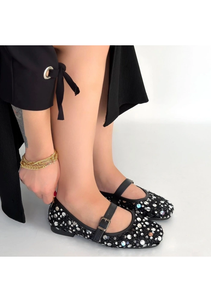 Zaty Siyah Süet Gümüş Pullu Babet Ayakkabı