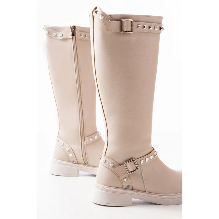 02-307 Bej Düz Topuklu Günlük Bayan Binici Çizme