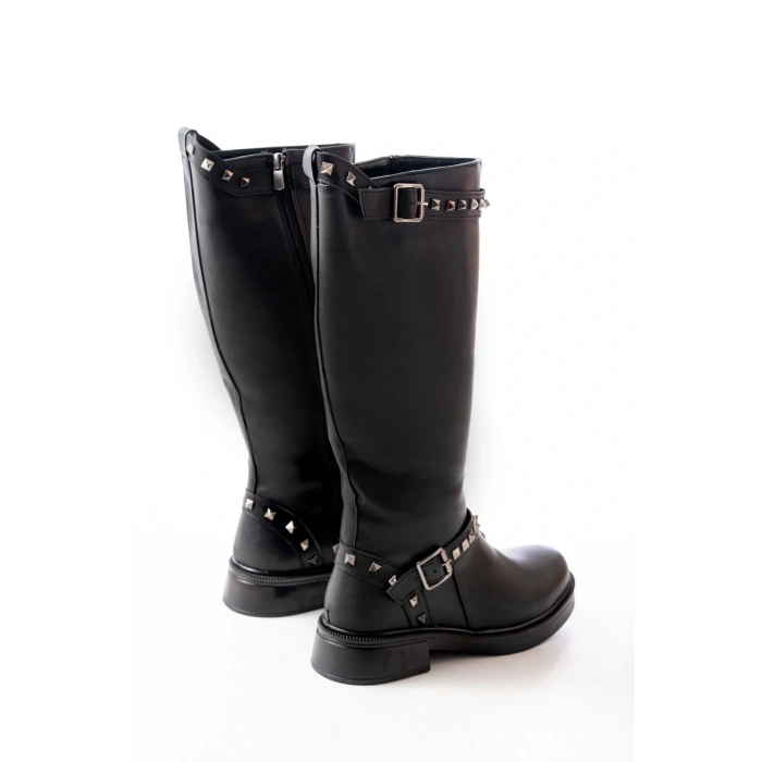 02-307 Siyah Düz Topuklu Günlük Bayan Binici Çizme