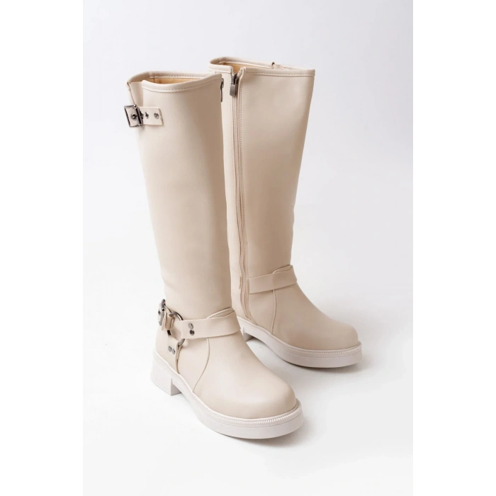 02-312 Bej Toka Aksesuarlı Fermuarlı Günlük Kadın Çizme