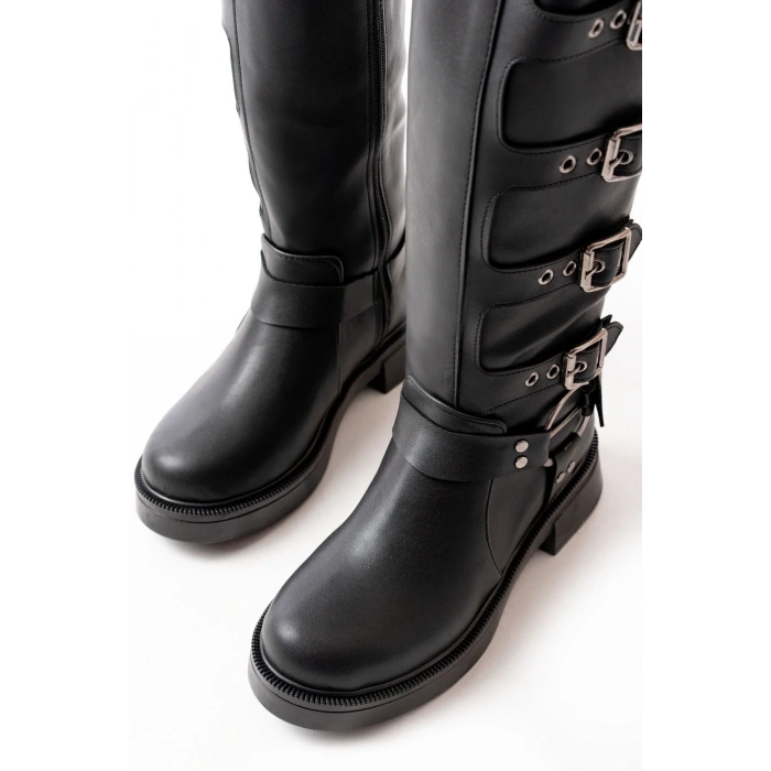02-346 Siyah Düz Topuklu Günlük Bayan Binici Çizme