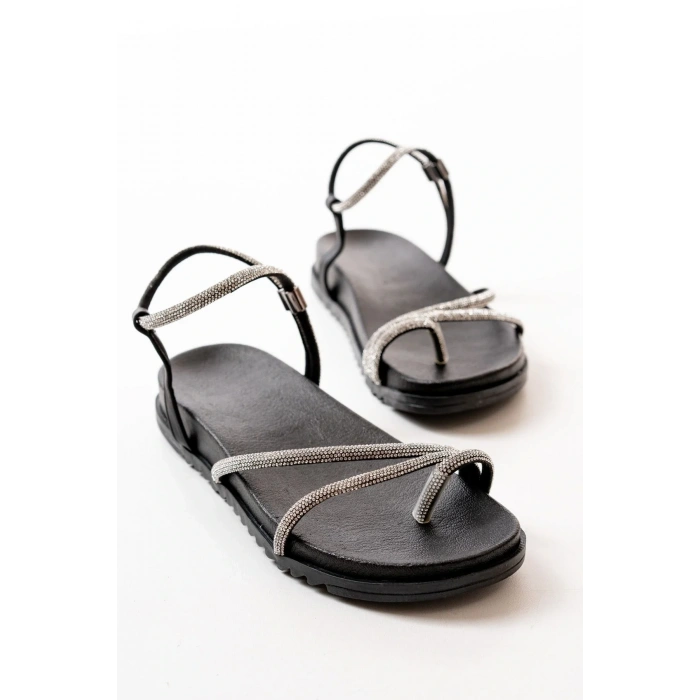 1001-1101 Siyah Gümüş Taşlı Günlük Kadın Sandalet