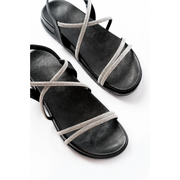 1001-1105 Siyah Gümüş Taşlı Günlük Kadın Sandalet