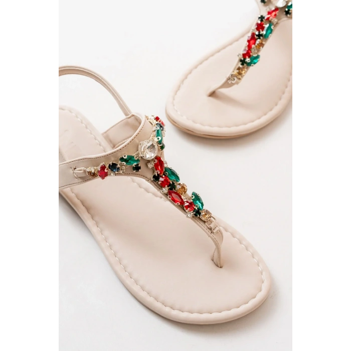 152-1110 Bej Multi Taşlı Parmak Arası Kadın Sandalet