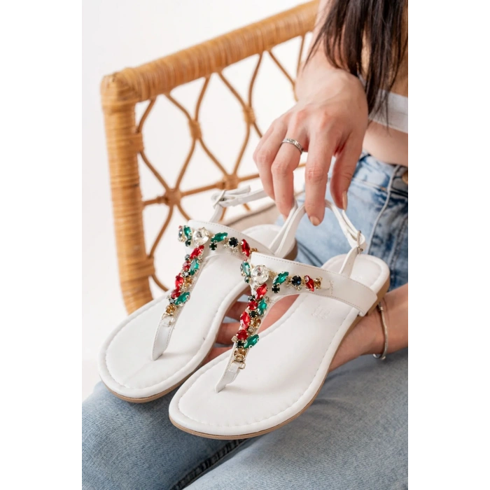 152-1110 Beyaz Multi Taşlı Parmak Arası Kadın Sandalet