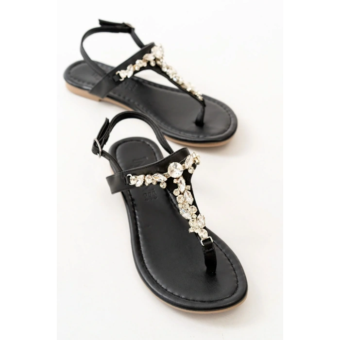 152-1110 Siyah Gümüş Taşlı Parmak Arası Kadın Sandalet