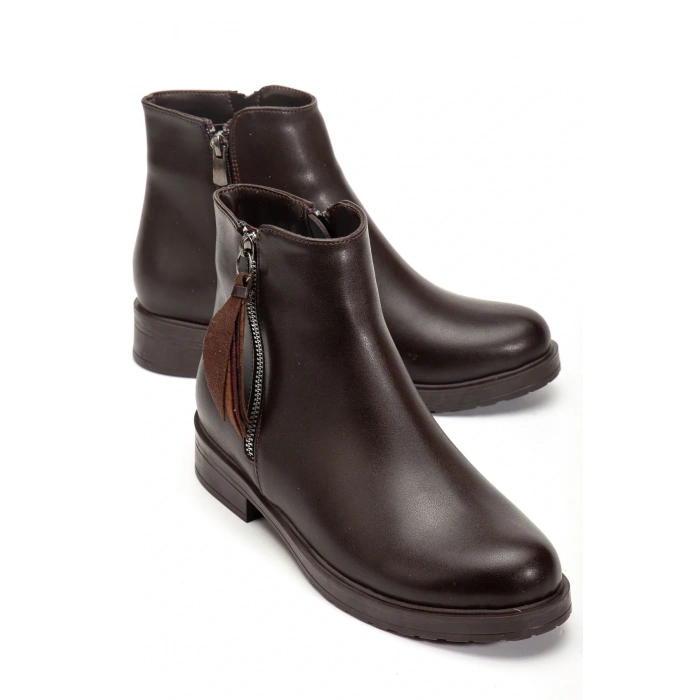 165-205 Kahve Yaprak Desenli Fermuarlı Günlük Kadın Bot