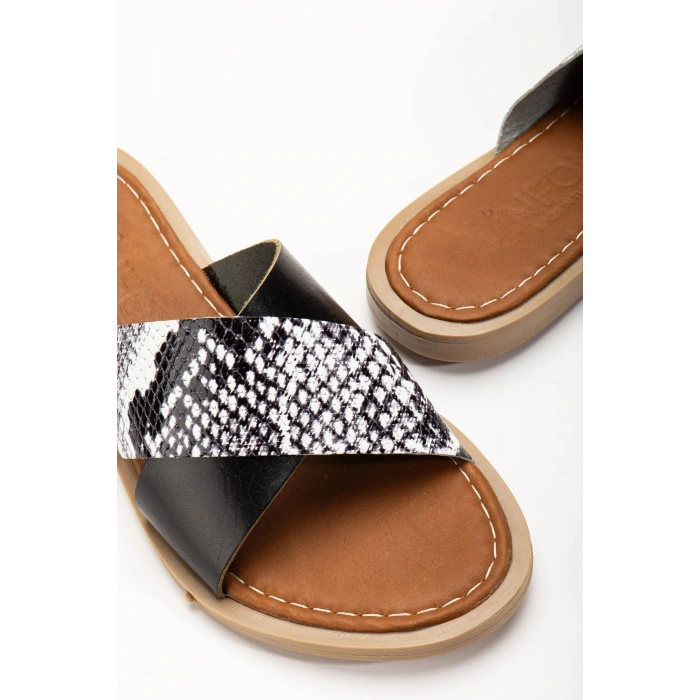 169-076 Siyah Ortopedik Hakiki Deri Çapraz Bantlı Kadın Terlik