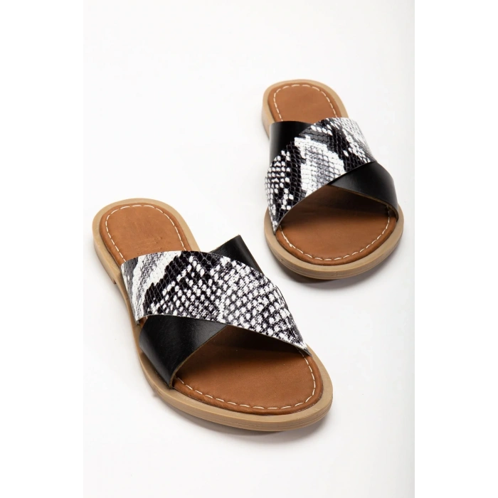 169-076 Siyah Ortopedik Hakiki Deri Çapraz Bantlı Kadın Terlik