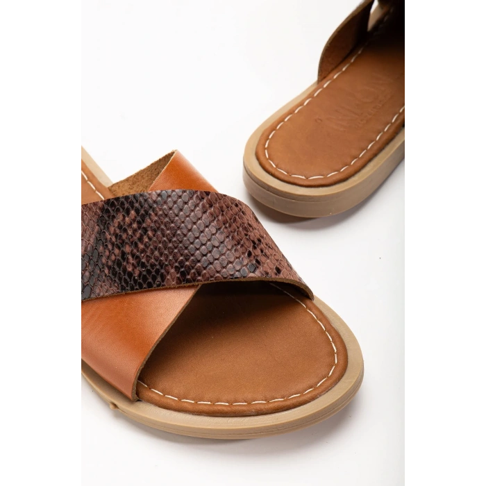 169-076 Taba Ortopedik Hakiki Deri Çapraz Bantlı Kadın Terlik