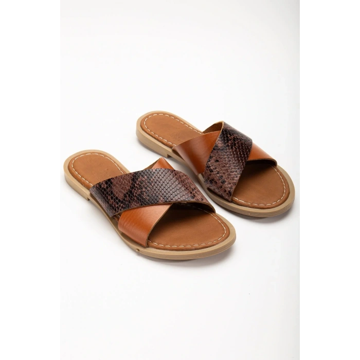 169-076 Taba Ortopedik Hakiki Deri Çapraz Bantlı Kadın Terlik