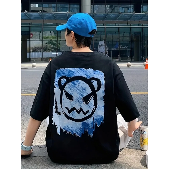 20/1 Penye Compack Bisiklet Yaka Kore tarzı sevimli ayı baskı Kısa Kol Erkek t-shirt - Siyah