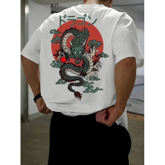 20/1 Penye Compack Ön Arka Ejder Baskılı Oversize Bisiklet Yaka T-shirt - Beyaz