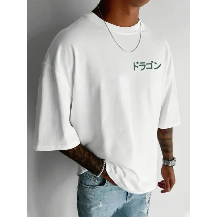 20/1 Penye Compack Ön Arka Ejder Baskılı Oversize Bisiklet Yaka T-shirt - Beyaz