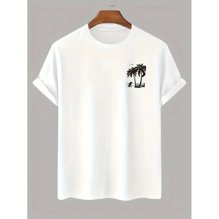 20/1 Penye Compack Palmiye Ön Baskılı Oversize Bisiklet Yaka Kısa Kol Yazlık T-shirt - Beyaz