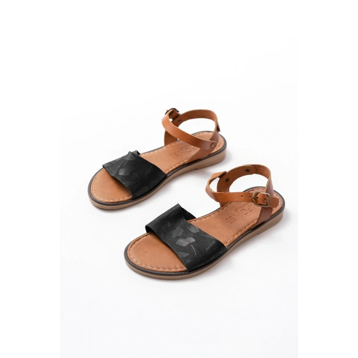 205-012 Siyah Ortopedik Hakiki Deri Kadın Sandalet