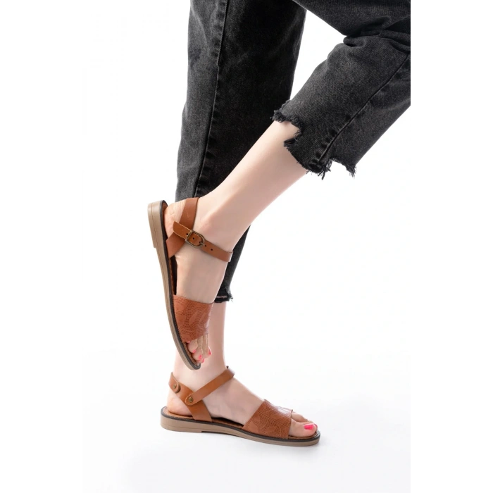 205-012 Taba Ortopedik Hakiki Deri Kadın Sandalet