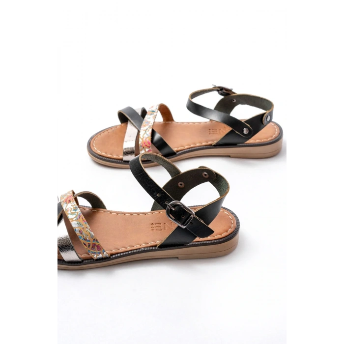 205-015 Siyah Garni Ortopedik Hakiki Deri  Kadın Sandalet