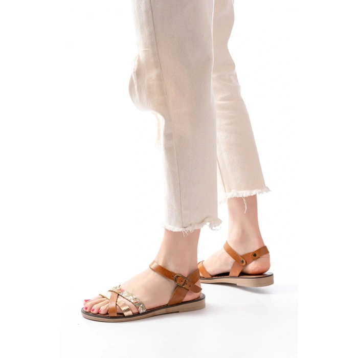 205-015 Taba Garni Ortopedik Hakiki Deri Kadın Sandalet