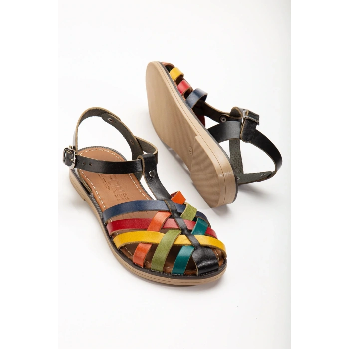 205-02 Siyah Multi Ortopedik Hakiki Deri Kadın Sandalet