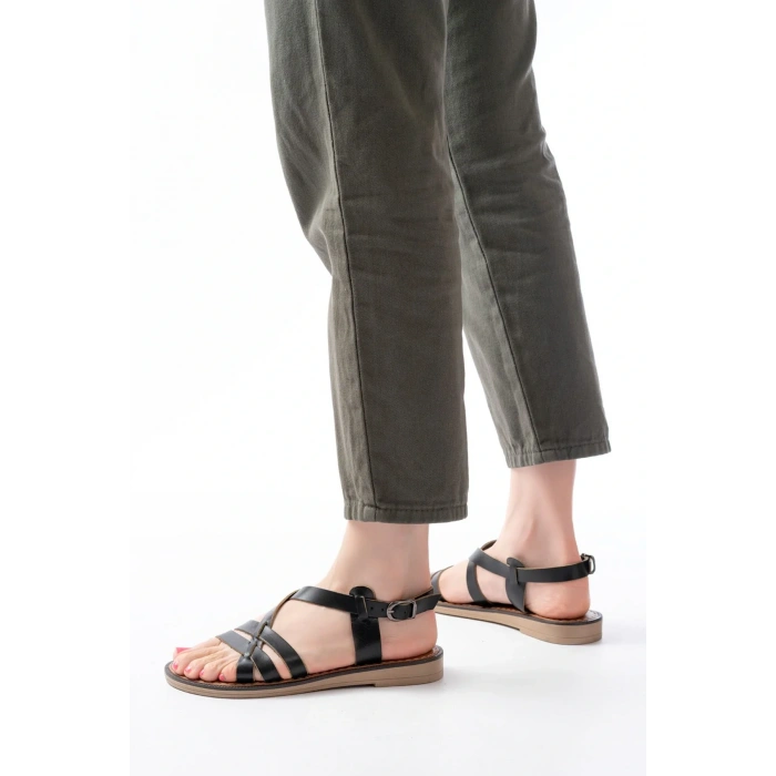 205-05 Siyah Ortopedik Hakiki Deri Kadın Sandalet