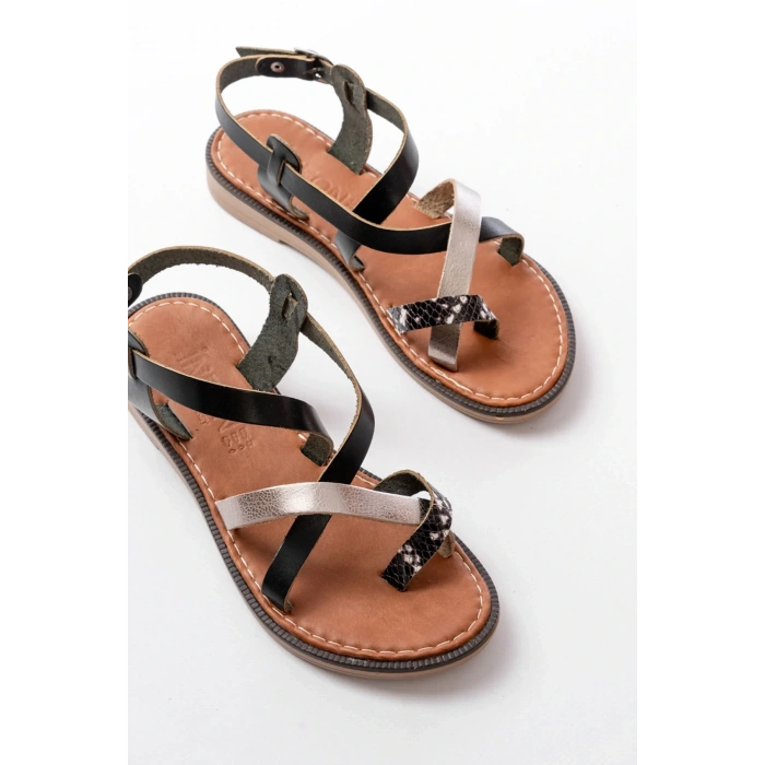 205-08 Siyah Garni  Ortopedik Hakiki Deri Kadın Sandalet