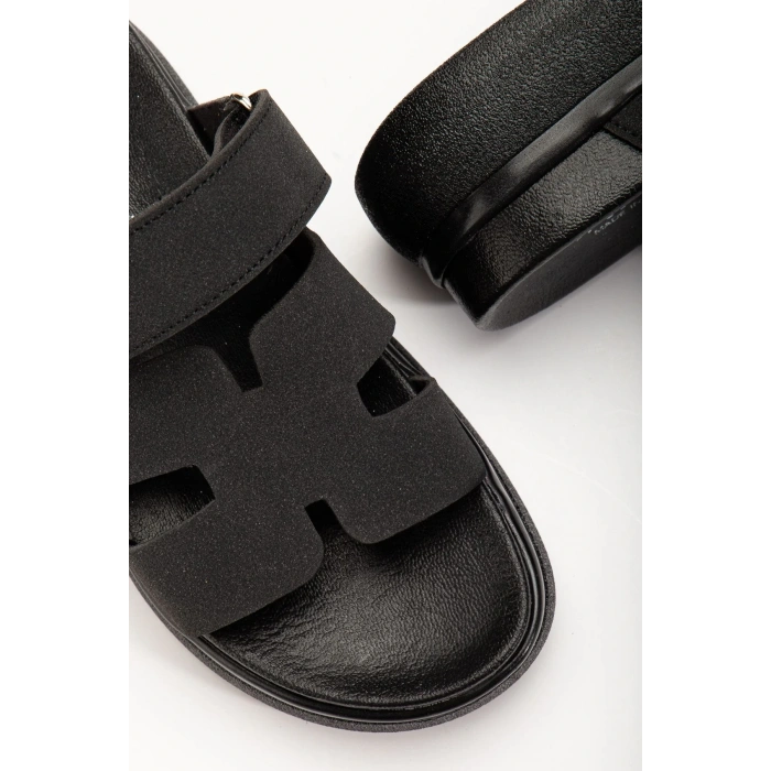 24422-HERMES Siyah Dolgu Topuk Kadın Sandalet