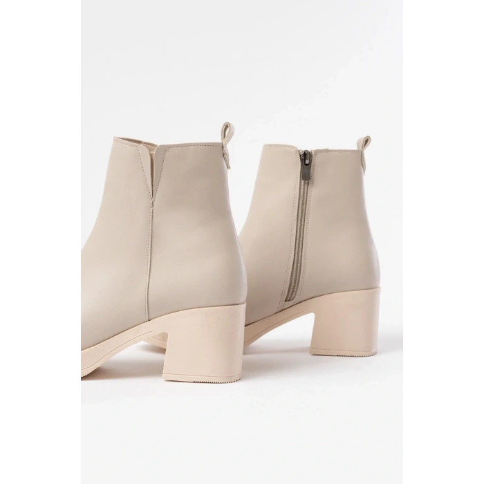 5109-3057 Bej Lastikli Fermuarlı Kalın Topuklu Günlük Kadın Bot