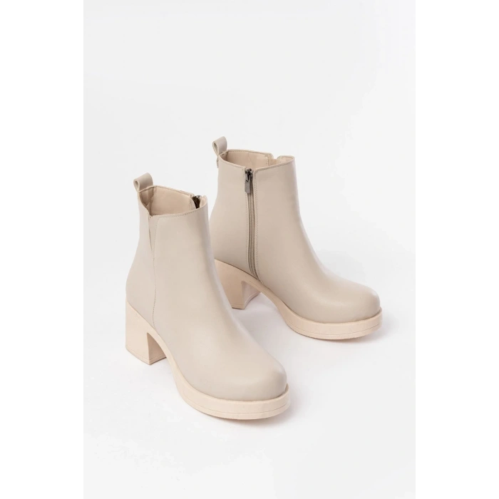 5109-3057 Bej Lastikli Fermuarlı Kalın Topuklu Günlük Kadın Bot