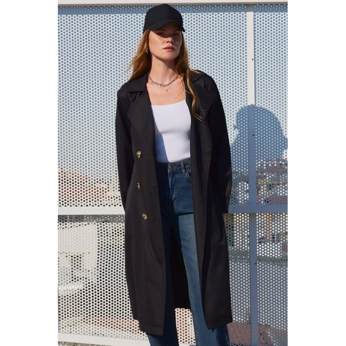 5853 Kruvaze Yaka Trençkot - Siyah