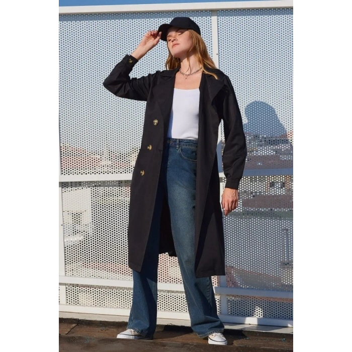 5853 Kruvaze Yaka Trençkot - Siyah