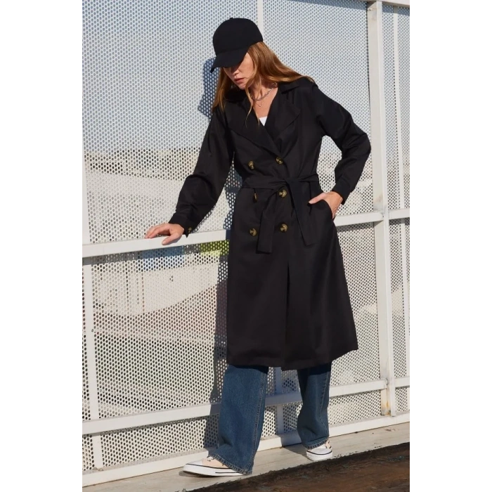 5853 Kruvaze Yaka Trençkot - Siyah