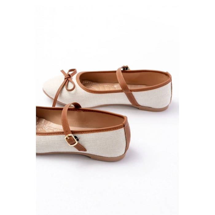 6321 Bej Keten Günlük Baret Tokalı Bayan Babet