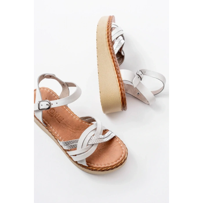 730-037 Beyaz Ayna Hakiki Deri Ortopedik Taban Kadın Sandalet