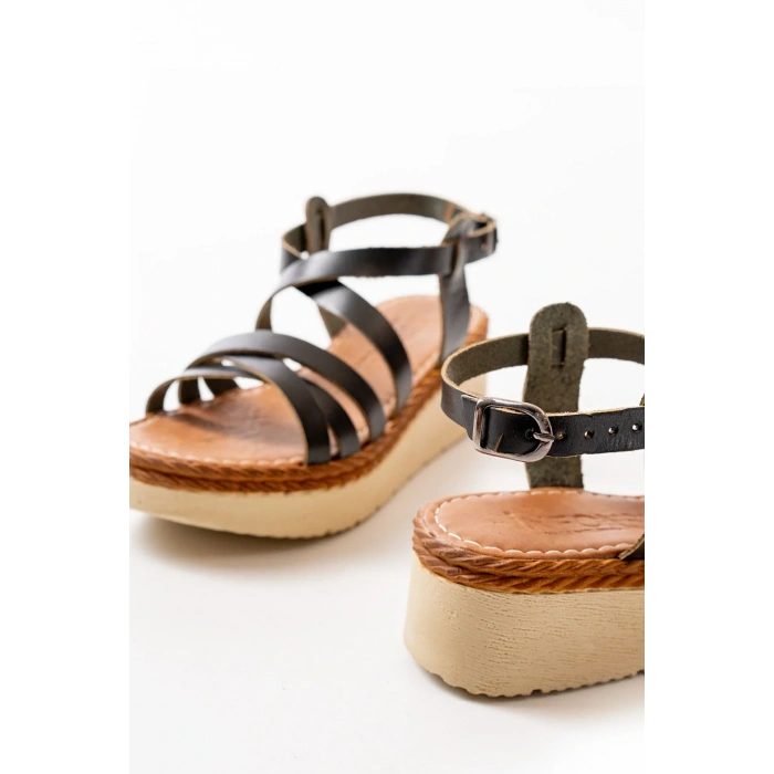 730-153 Siyah Ortopedik Hakiki Deri Dolgu Kadın Sandalet