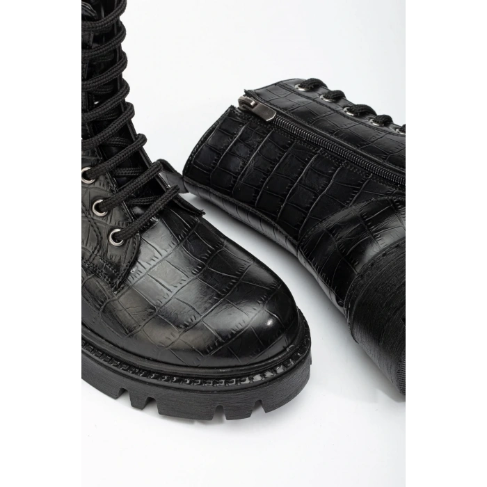 868-2289 Siyah Kroko Bağcıklı Fermuarlı Günlük Kadın Bot