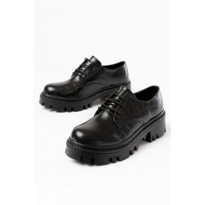 868-754 Siyah Kroko Bağcıklı Günlük Yüksek Tabanlı Loafer Ayakkabı